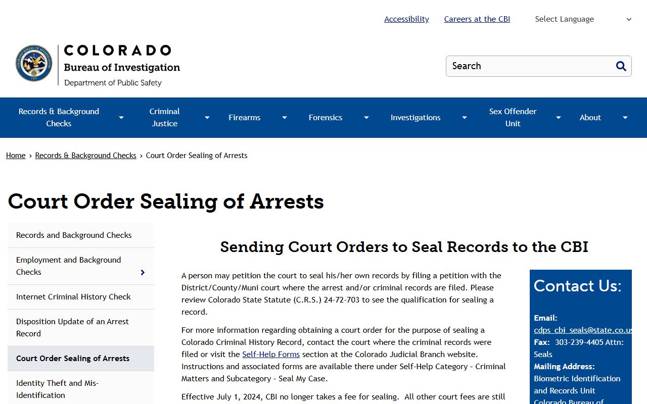 CBI court order sealing page for Colorado arrest and criminal record sealing guidance