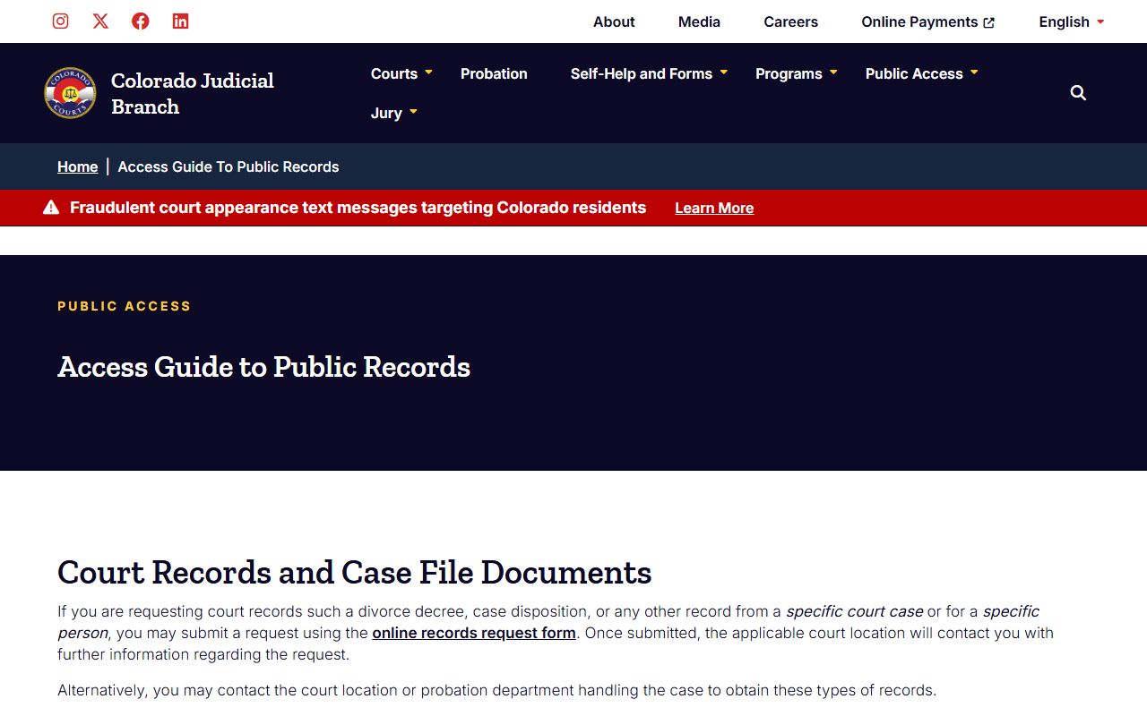 Colorado Judicial Branch public records access guide for official court record copies