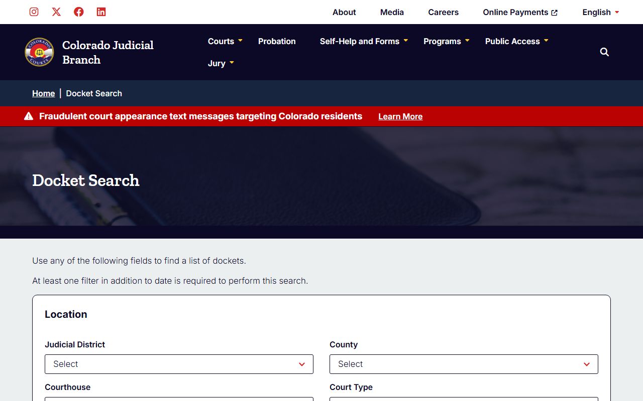 Colorado Judicial Branch docket search page for Eagle County court hearing lookup