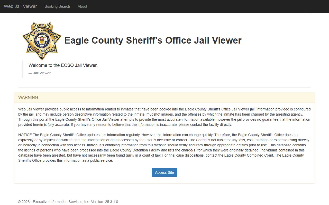 Eagle County Jail Viewer warning and access page