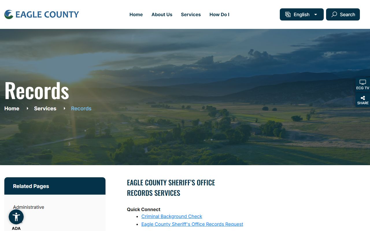 Eagle County Sheriff records page with request fees and records contact information